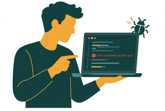 Vector Illustration of a Male Software Developer Pointing at a Laptop Screen Showing a System Error Message and a Software Bug Icon, Concept of Coding Glitch and Debugging Process