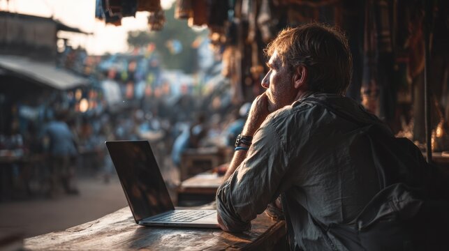 Man using laptop at night in outdoor market.