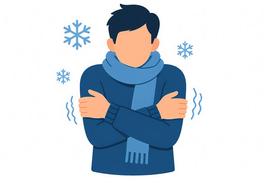 Flat vector illustration of a man feeling freezing and shivering in winter clothes, wearing a blue sweater and scarf while hugging himself to stay warm, isolated on white background