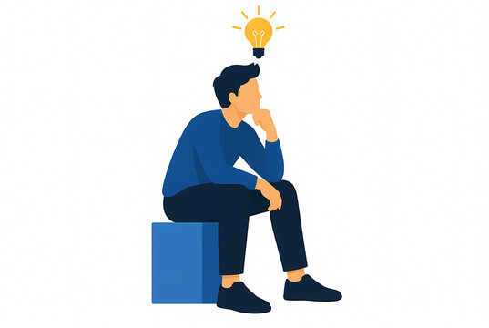 Flat vector illustration of a man sitting on a block with a glowing light bulb over his head, symbolizing creative thinking, new ideas, problem solving, and professional inspiration.