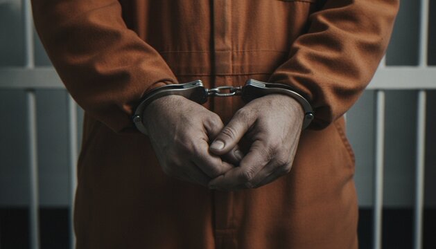 A close-up shot of a person wearing an orange jumpsuit with their hands cuffed in front of them, standing in front of jail bars.