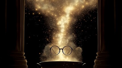 Fototapeta premium Round vintage eyeglasses floating above a black cauldron as a column of golden sparkling dust rises between dark classical pillars in a mysterious hall