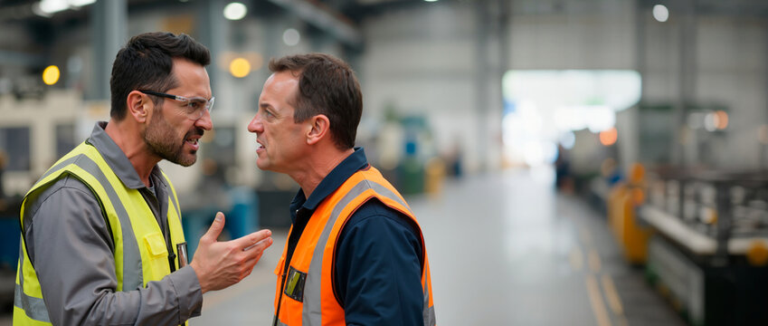 Two industrial factory workers arguing intensely on manufacturing plant floor. Workplace conflict and dispute concept with copy space