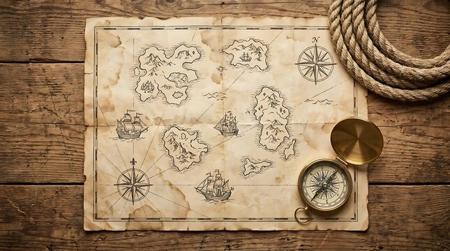 Old vintage treasure map with a compass and a rope on a rustic wooden background