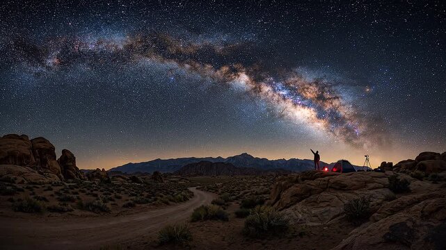 Person standing under the Milky Way galaxy in a desert landscape at night.