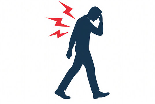 Silhouette vector illustration of a man walking with back pain and headache symptoms, featuring red lightning symbols to represent physical stress, chronic exhaustion, and discomfort.