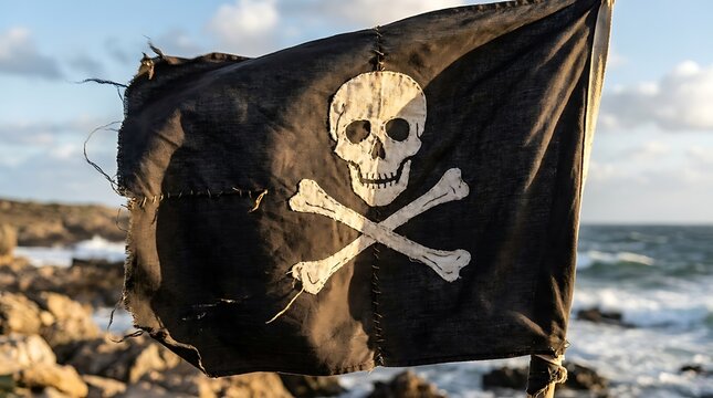 A tattered black pirate flag with a white skull and crossbones flutters in the sea breeze near a rocky coastline