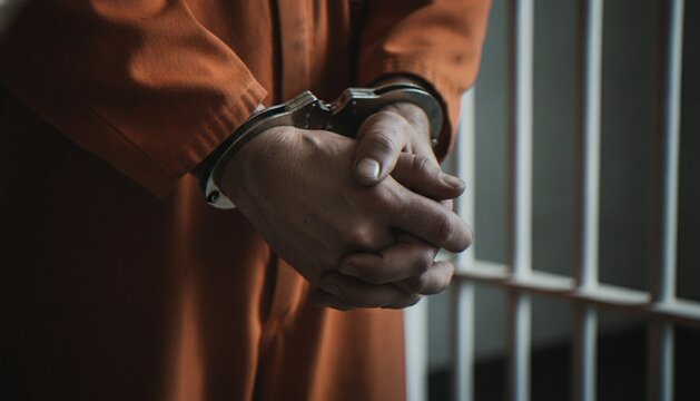 Close-up shot of a prisoner in an orange jumpsuit wearing handcuffs in front of jail bars.