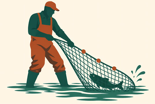 Vector illustration of a professional fisherman in orange overalls pulling a net with a large fish from the water, minimalist silhouette style with emerald and rust color palette.