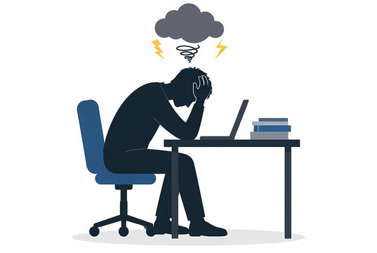 Vector illustration of a stressed man silhouette hunched over a desk with a laptop and books, with a dark storm cloud and lightning above his head symbolizing burnout and pressure.