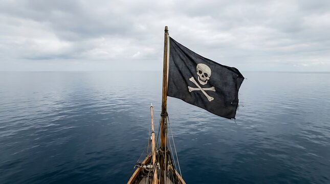 Pirate ship sailing on the open sea with a black skull and crossbones flag flying high on the mast