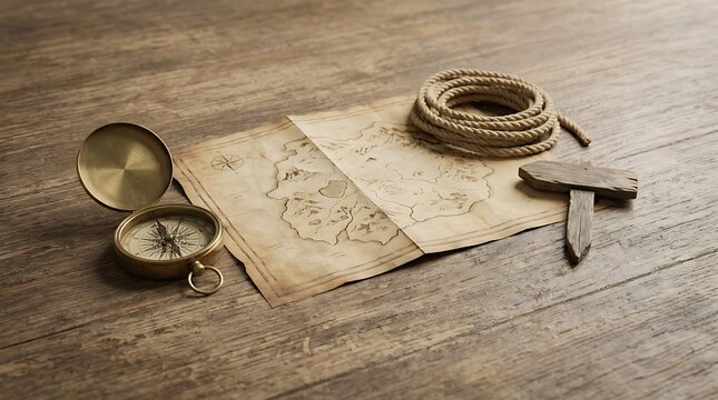 Vintage brass compass with an old treasure map and coiled rope on a rustic wooden table, concept of adventure, travel and exploration