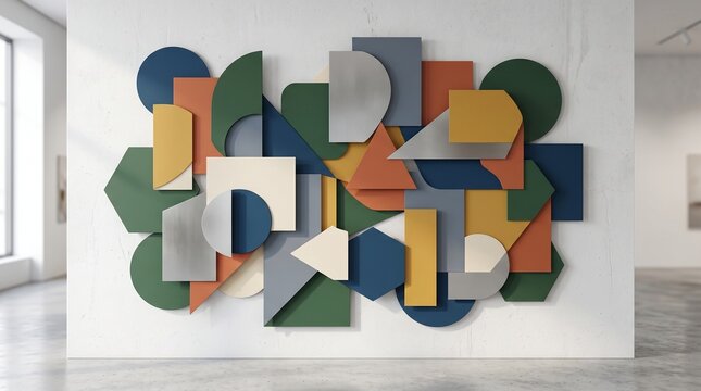 Abstract geometric wall art installation in a modern art gallery