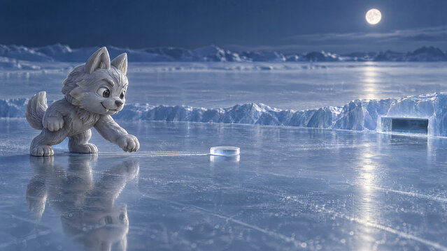 Cute cartoon wolf cub plays hockey on a frozen lake under the moonlight