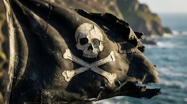 Tattered black pirate flag with white skull and crossbones symbol waving near a rocky ocean coast