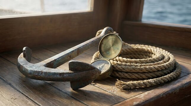Nautical Anchor and Rope on a Wooden Surface A Maritime Still Life