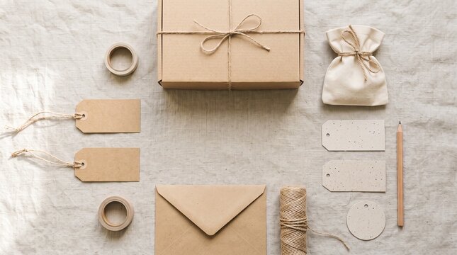 Gift packaging supplies laid out on a textured fabric surface