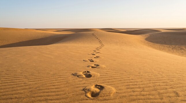 Barefoot footprints leading into the distance across a vast, golden desert sand dune landscape