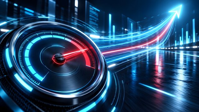 Glowing neon speedometer accelerating with a red arrow pointing upwards on a digital highway representing high speed fast performance and business growth