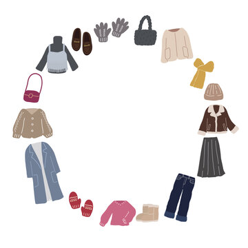 レディースの秋冬服や小物を円形に配置したかわいい手描きのフレーム