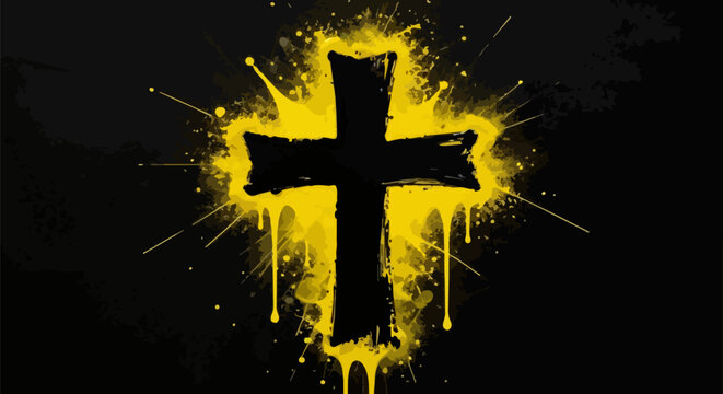 Grunge Christian cross vector with yellow paint splatter, urban street art crucifix on black background, religious graffiti symbol with dripping ink