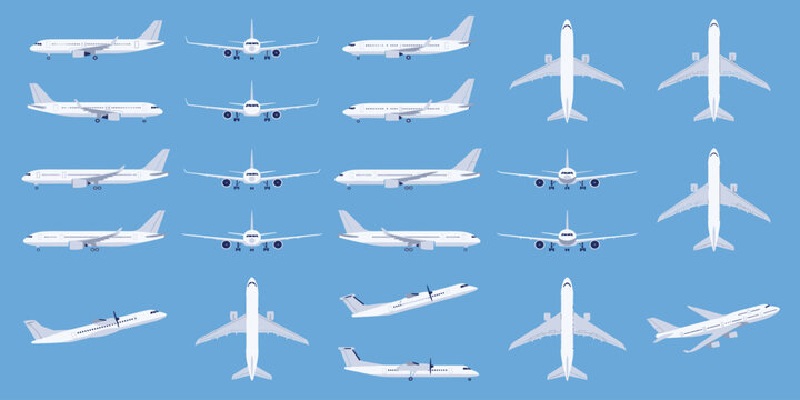 airplanes aircraft plane flight planes in different positions in top view front and side views