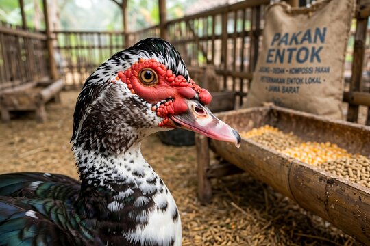 Close-up portrait of a black and white Muscovy duck with distinctive red facial caruncles inside a traditional wooden poultry coop, with animal feed in the background.
