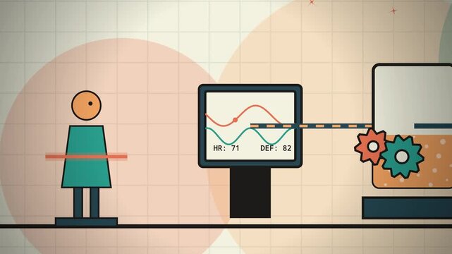 2D animation concept of personalized nutrition where a person's biometric data is scanned and analyzed to automatically manufacture customized health drinks on a conveyor belt