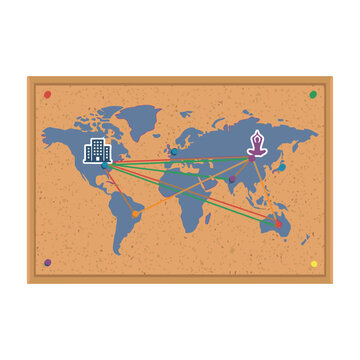 World map on corkboard with pins and strings connecting office building and yoga icons.