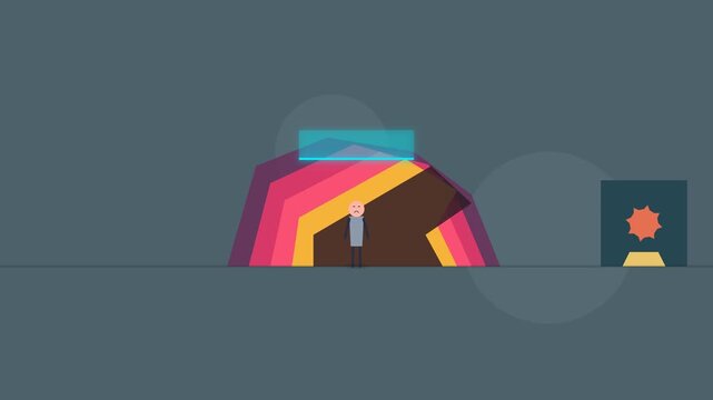2D animation of a stick figure getting a custom tailored shirt from an automated on-demand apparel manufacturing machine