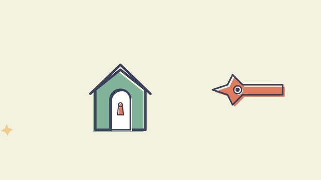 Secure smart home delivery animation concept with a house unlocking to receive a package and confirming safe arrival with a green arrow indicating successful transaction