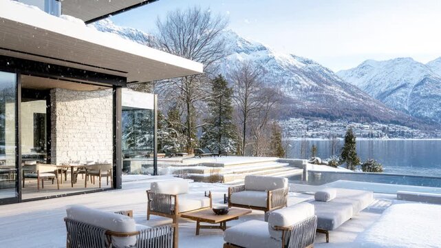 A serene scene of an outdoor seat covered in snow in a quiet villa
