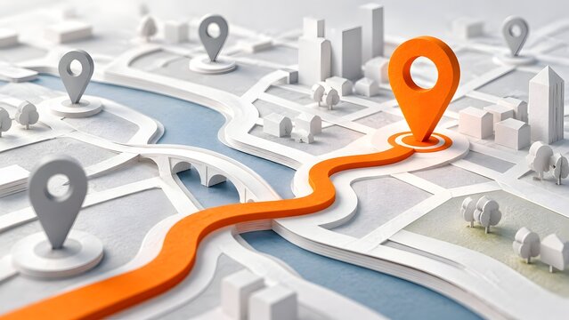 Orange location pin and winding navigation route on minimalist 3d paper city map
