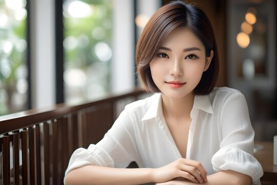 Charming young Asian female sitting at table in bright cafe leaning forward with hands resting stock photo