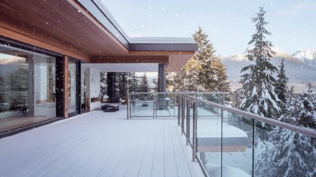 An outdoor rail villa at snowy mountain in winter holiday, natural living and vacation concept