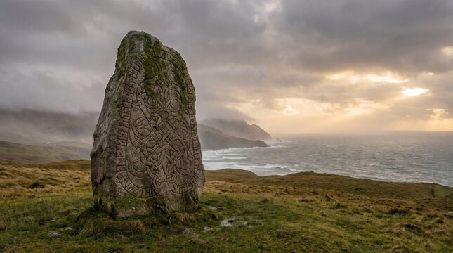 Ancient Norse Runestone with Intricate Carvings on a Coastal Hill at Sunset