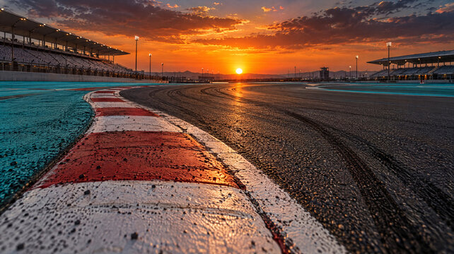 Dramatic sunset over grand prix racing track apex curb with tire skid marks and stadium grandstands under evening golden hour sky for motorsport competition concept