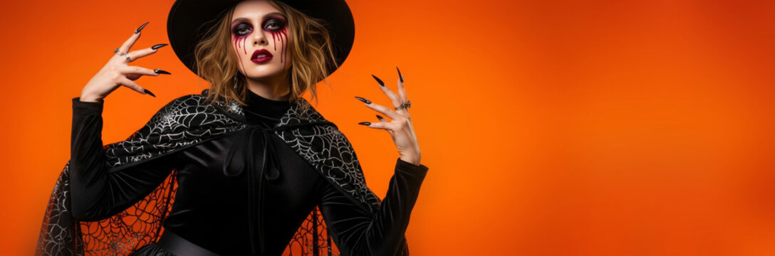 Woman in witch costume with spooky makeup and long black nails raising hands. Blonde girl in black hat and spider web cape on orange background.
