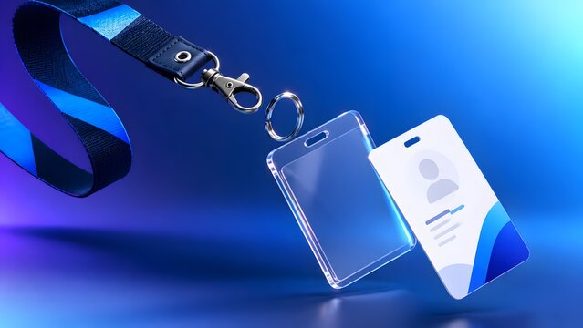 Transparent ID card badge holder with glowing blue lanyard detaching in mid air over abstract background