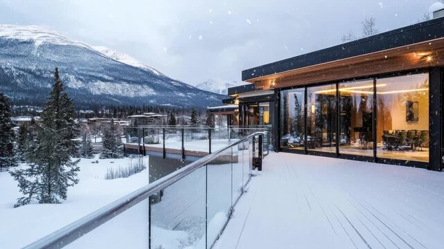An outdoor rail villa at snowy mountain in winter holiday, natural living and vacation concept