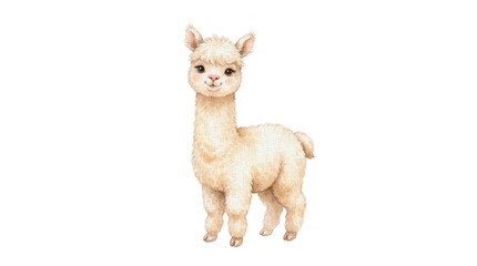 Fototapeta premium A cute baby alpaca standing and looking forward. This fluffy and adorable animal has light brown fur and a sweet face.