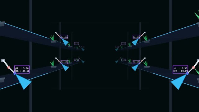 2D animation of a futuristic vertical farm with automated robotic arms watering plants and monitoring pH and H2O levels in a smart agriculture system