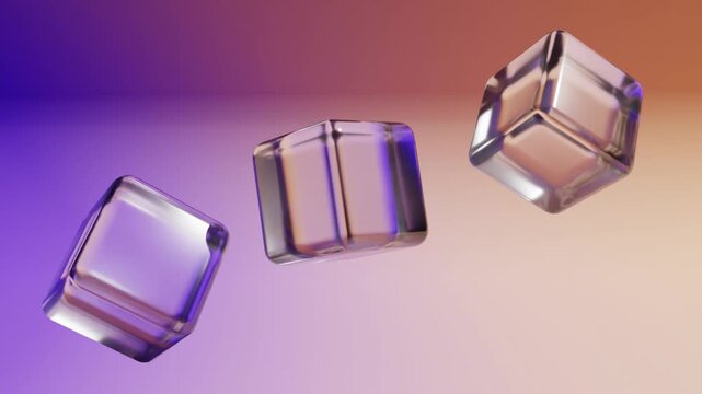 Seamless looping animation of transparent glass cubes spinning continuously over a colorful gradient