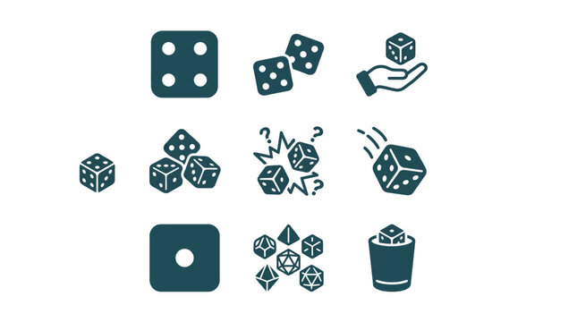 Gaming dice and rolling action icons.
