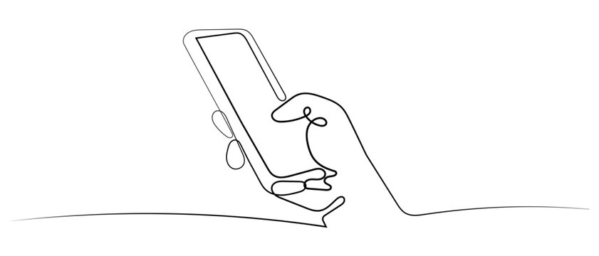 Continuous line drawing of hand holding smartphone and using thumb to tap touch screen, vector illustration of hand touching mobile phone screen in single doodle line art style Editable stroke.