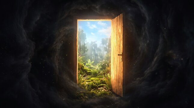 Magical Wooden Door Opening to a Lush Green Forest Landscape from Dark Clouds