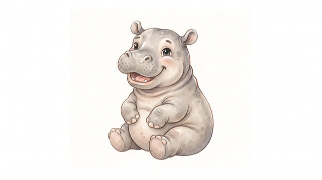 A cute cartoon hippo smiling happily, sitting and looking forward with pink cheeks