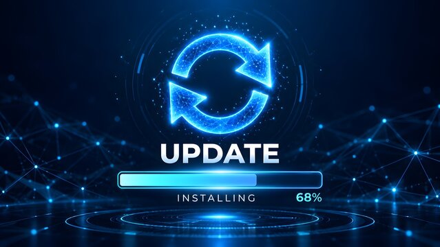 Glowing blue update loading bar with refresh arrow icon representing software installation and system upgrade
