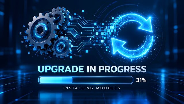System upgrade in progress loading bar with interlocking gears and glowing blue refresh arrow representing software update