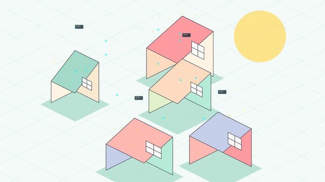 Animated isometric visualization of a peer to peer energy trading network showing smart homes connected in a decentralized microgrid sharing renewable solar power data via blockchain technology